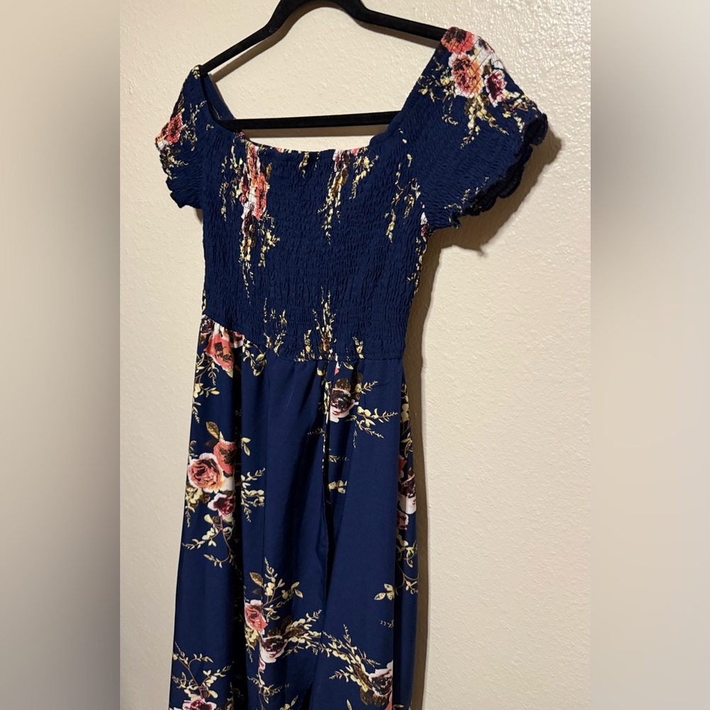 Omonsim Navy Floral Off-Shoulder Maxi Dress | Asymmetrical Hem Boho Romantic - Picture 3 of 6